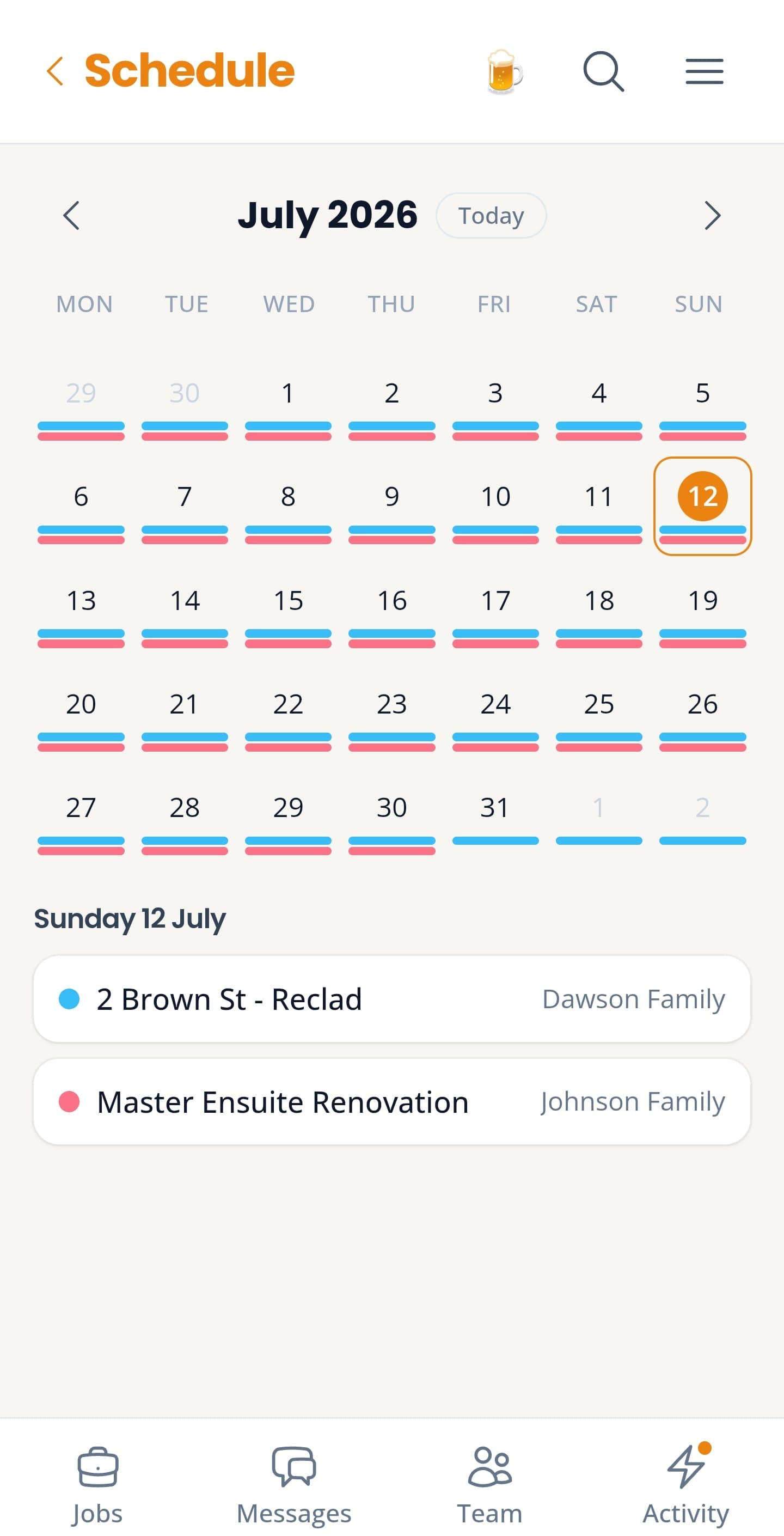 Monthly schedule view showing jobs booked in across the team's calendar