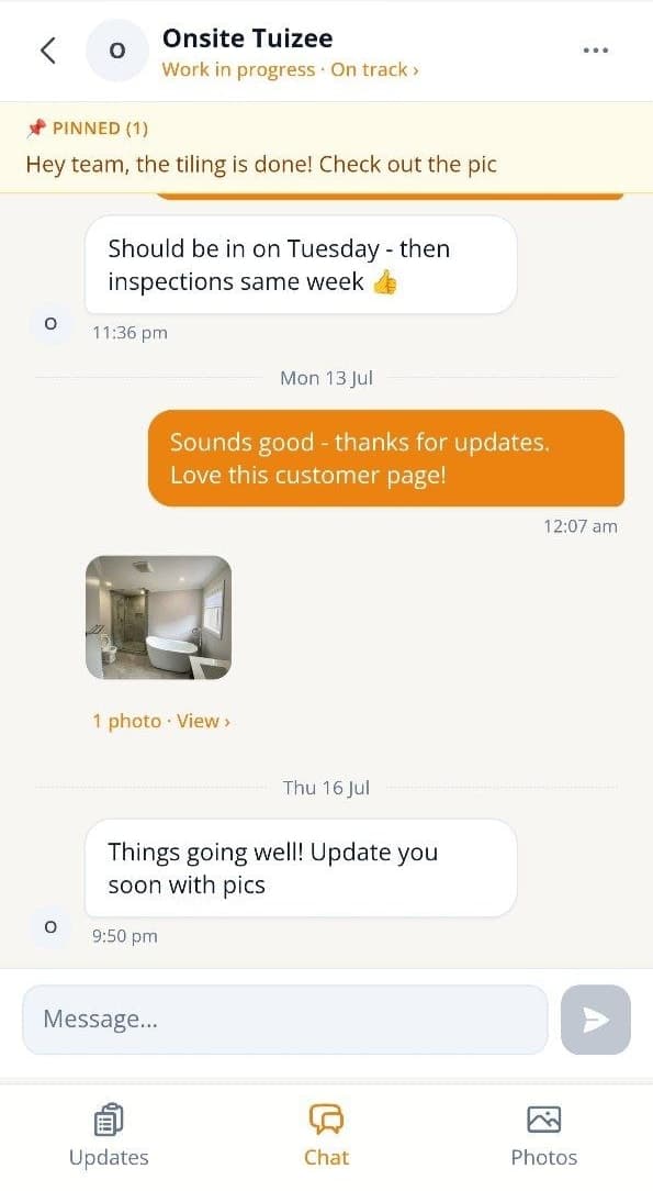Chat exchange between a customer and their tradie, with a progress photo shared
