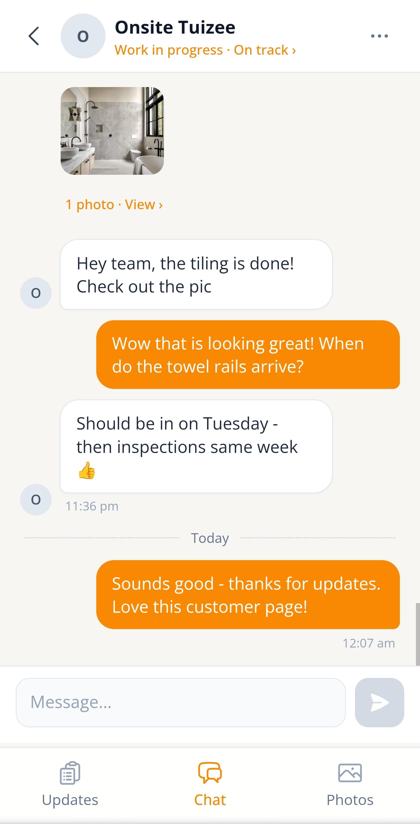 Chat exchange between a customer and their tradie, with a progress photo shared