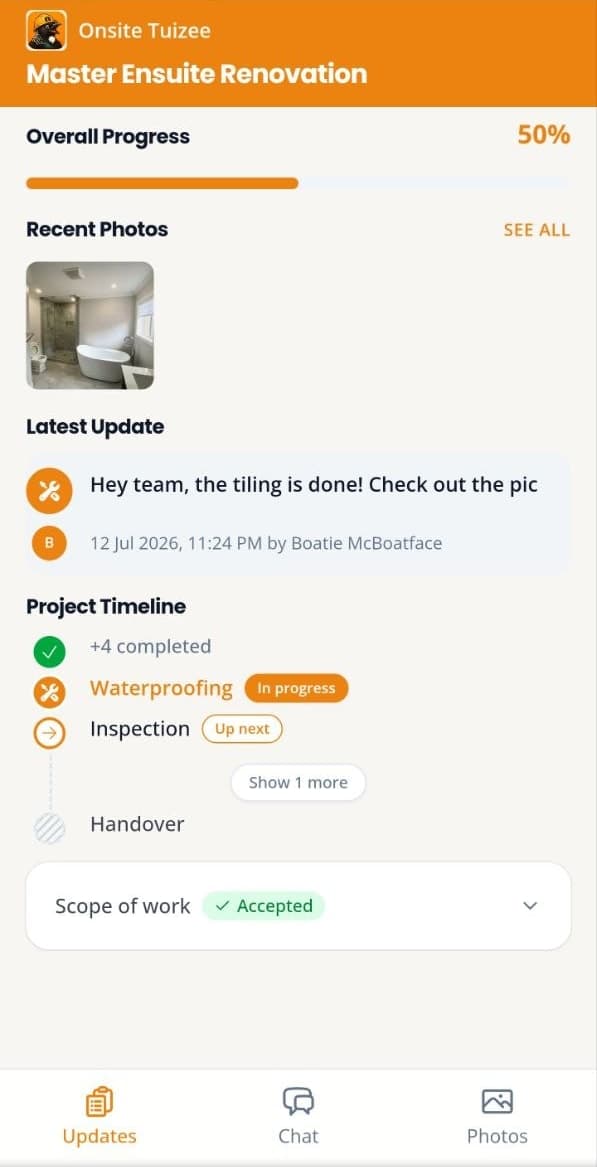 Customer view of a job's progress, stage timeline, and recent updates