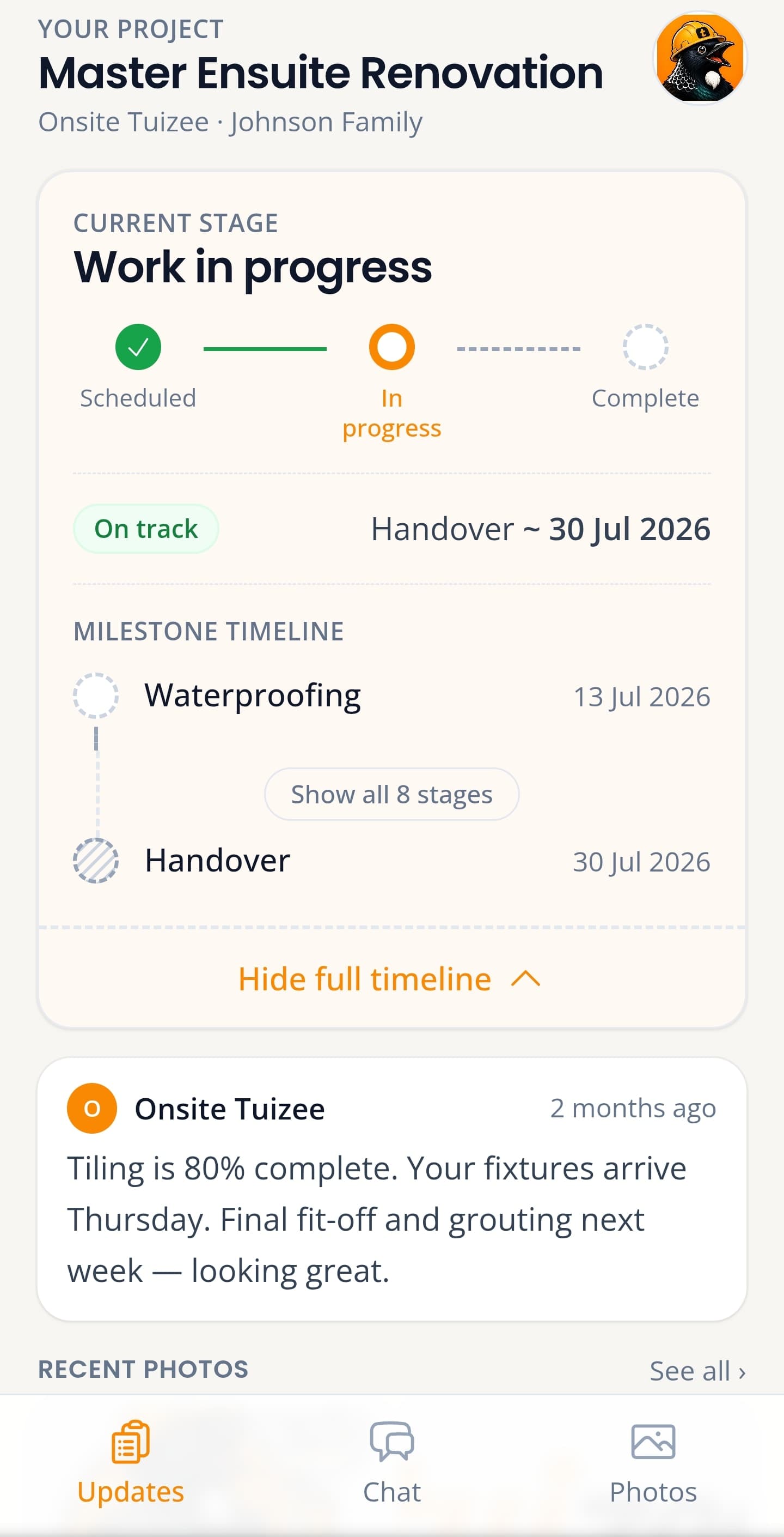 Customer view of a job's progress, stage timeline, and recent updates