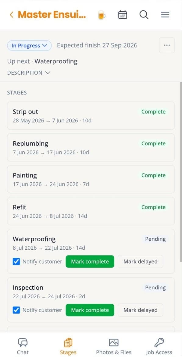 Job stages list showing strip-out, replumbing, painting, refit complete and waterproofing pending