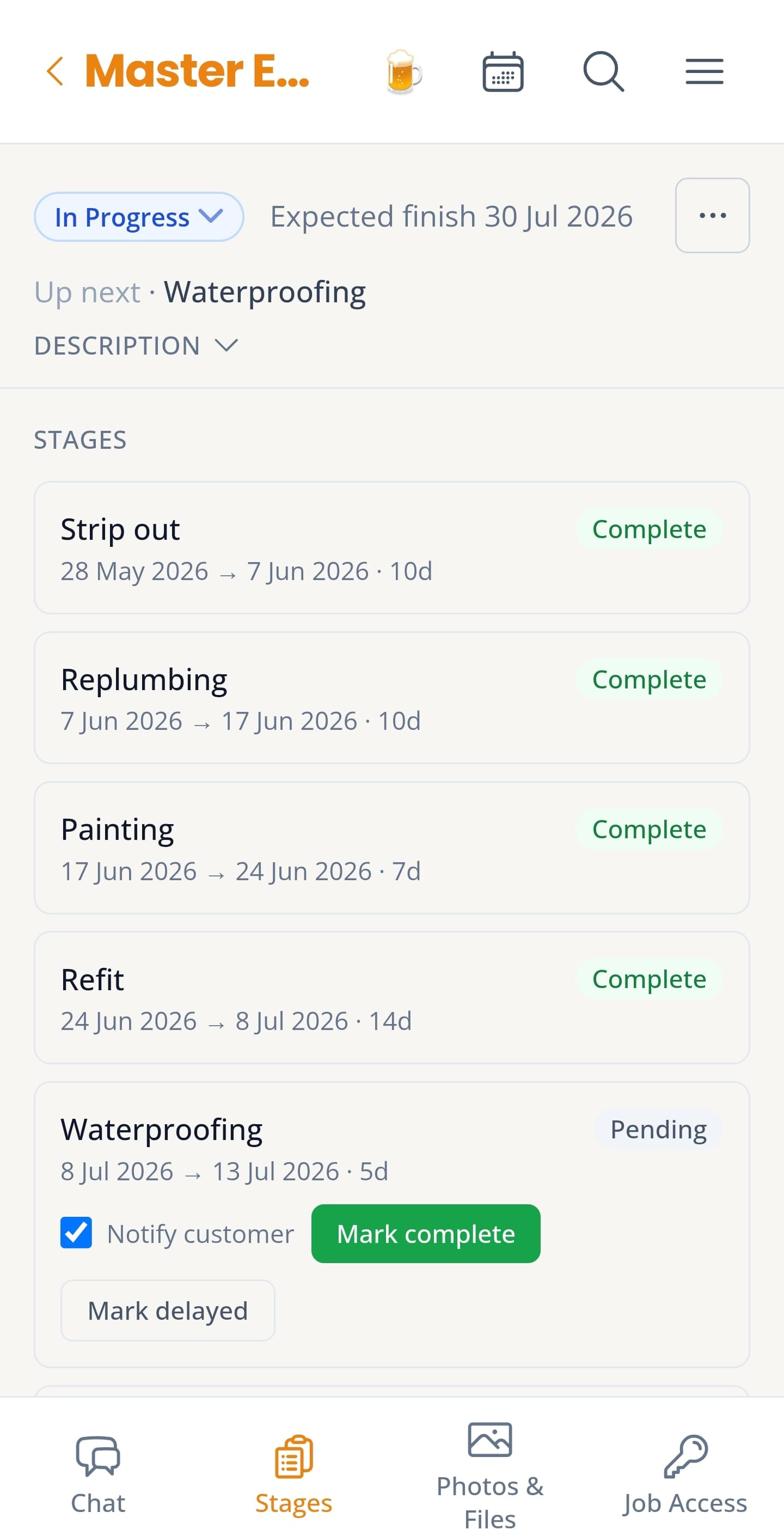 Job stages list showing strip-out, replumbing, painting, refit complete and waterproofing pending
