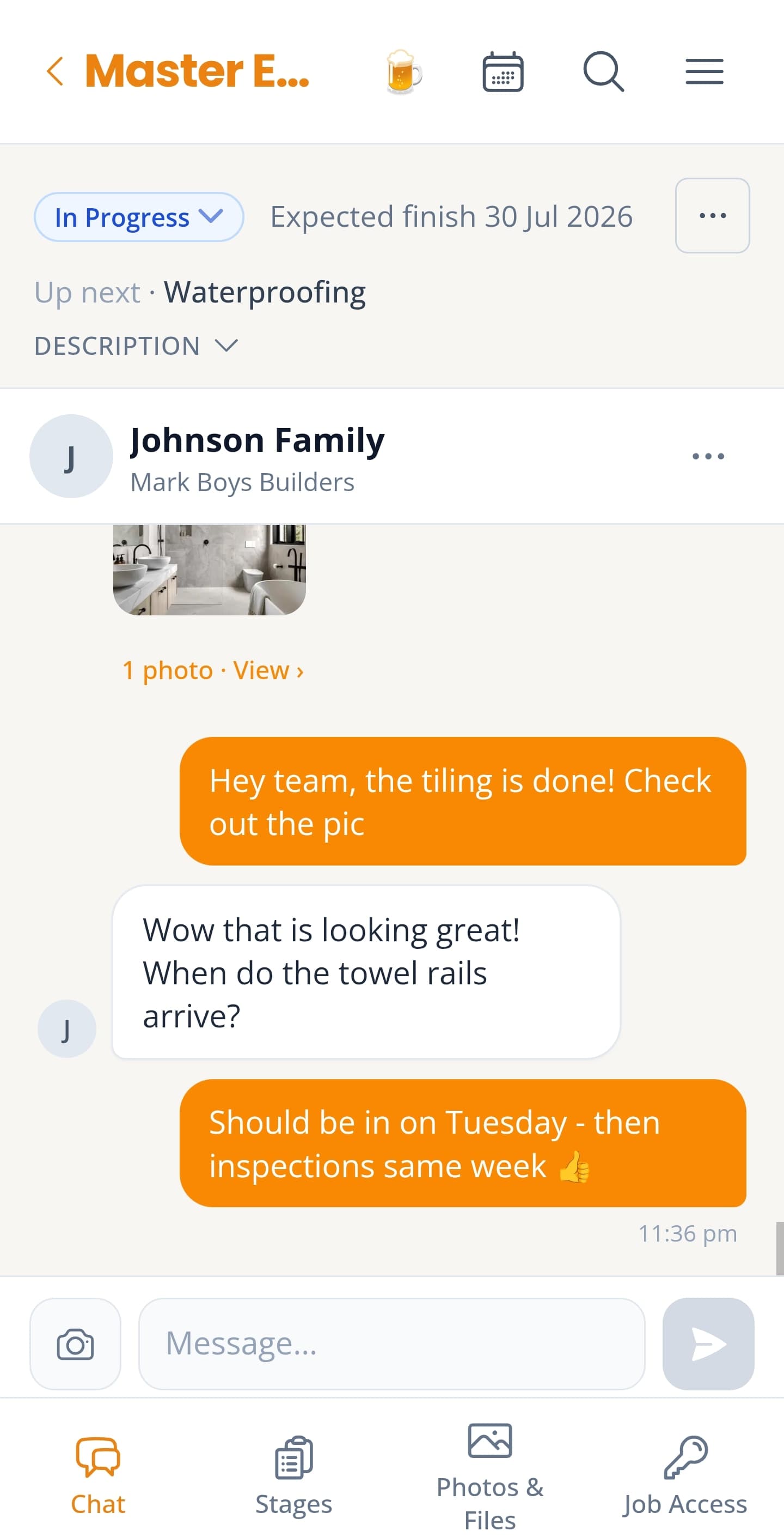 Tradie's view of a chat thread with a customer, including a shared progress photo